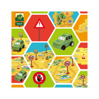 Hexagonal graphic grid showcasing a green toy car, road signs, and yellow dinosaur track toy details.