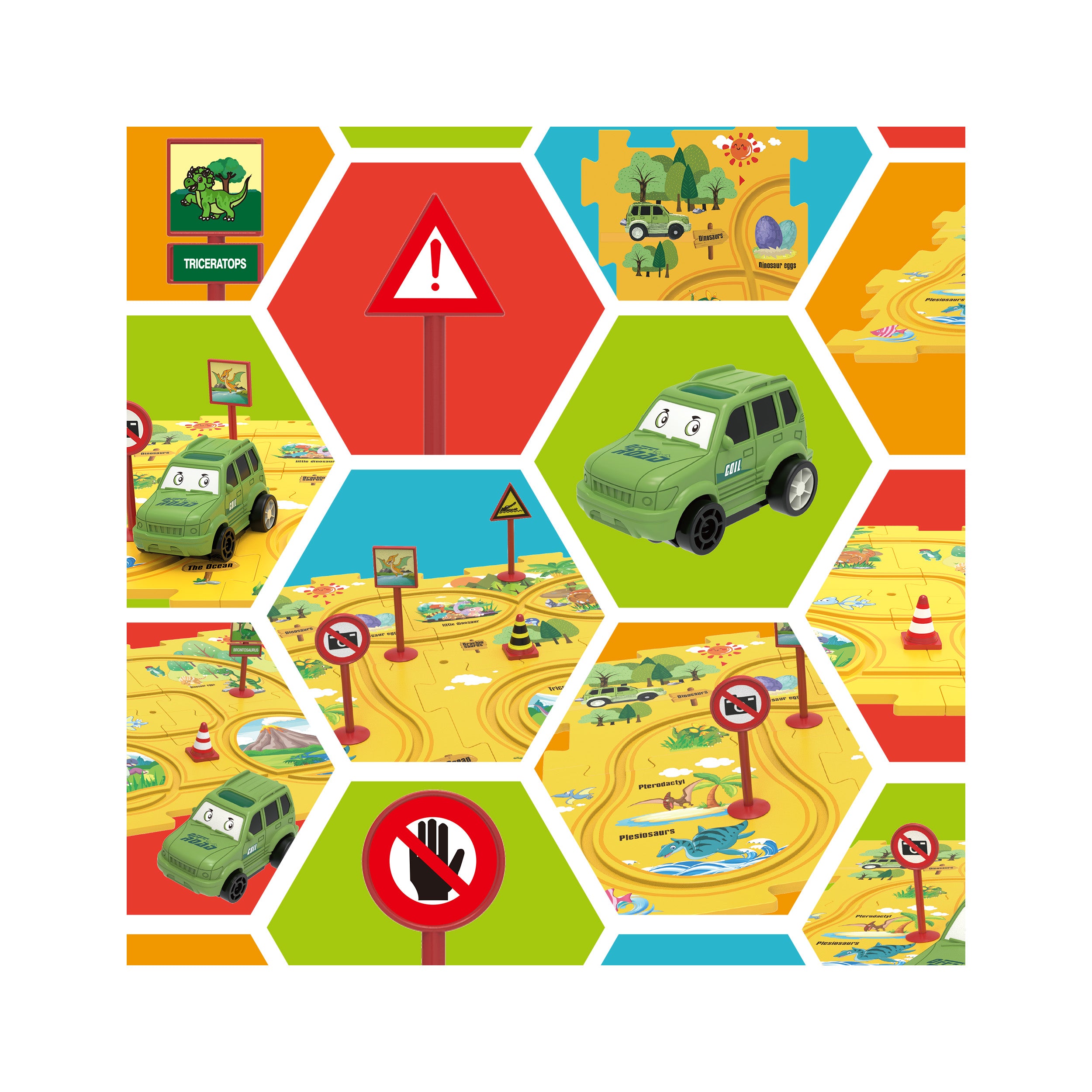 Hexagonal graphic grid showcasing a green toy car, road signs, and yellow dinosaur track toy details.