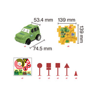 Product breakdown displaying dimensions for green toy car (53.4x74.5 mm), puzzle track piece (139x139 mm), stickers, and signs.