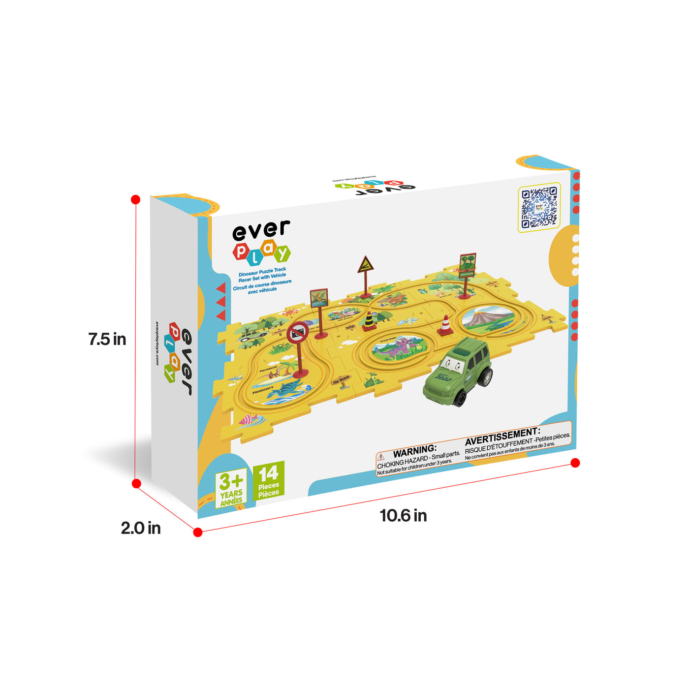 Ever Play dinosaur puzzle track set box showing dimensions: 7.5 in height, 10.6 in length, and 2.0 in width.