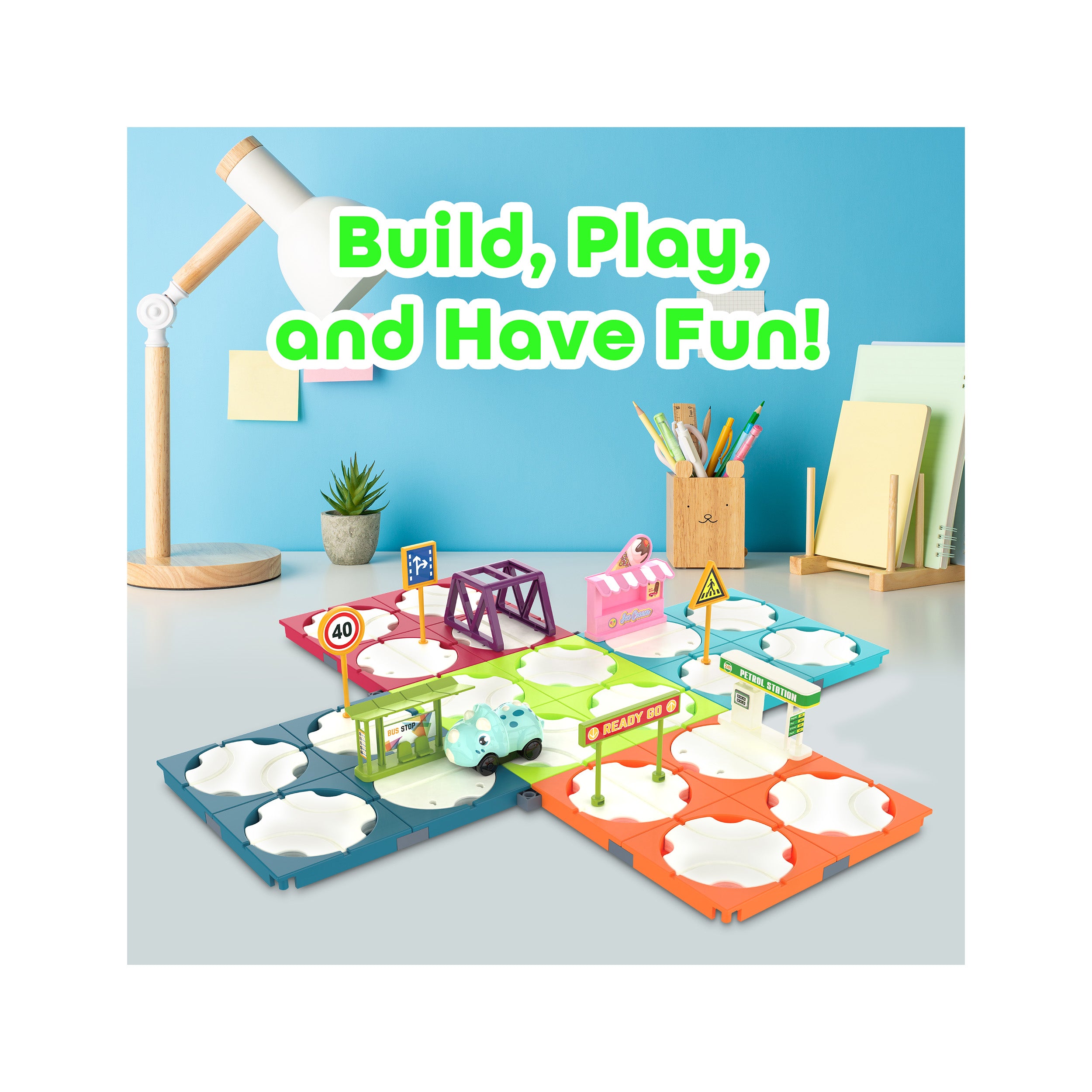 EverPlay 85pc Race Track Reversible Builder Set with Dino Vehicle