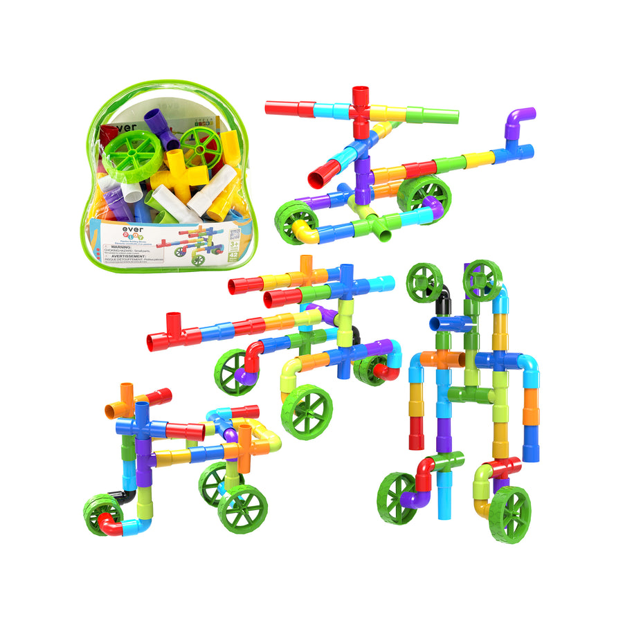 PicassoTiles pipe tube building set with clear storage bag and assembled helicopter, vehicle, and robot models.