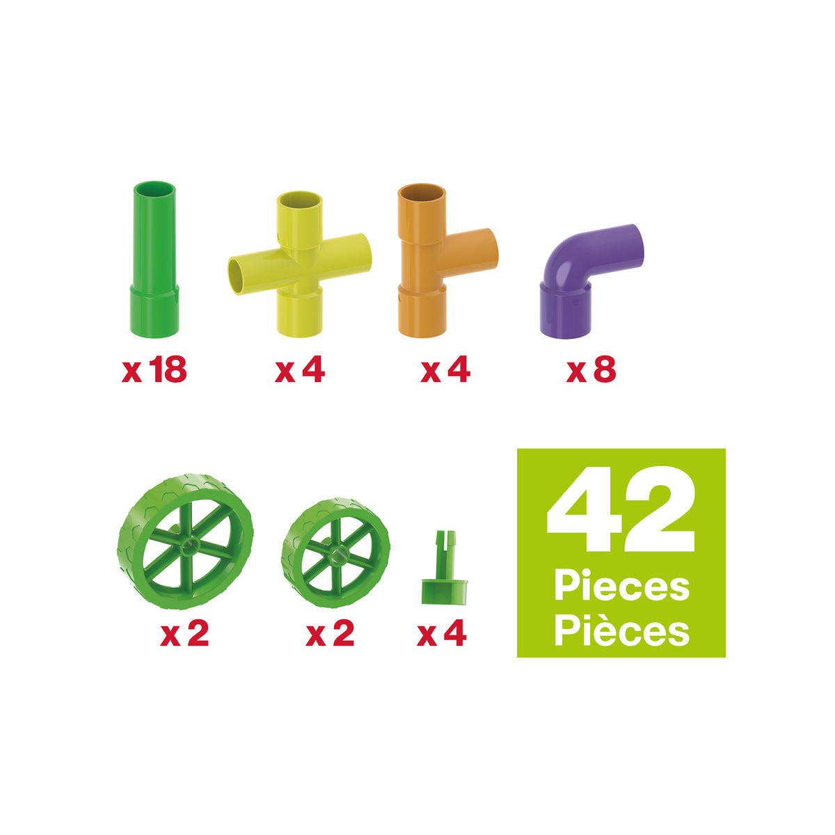 PicassoTiles 42-piece pipe tube building set piece breakdown diagram featuring connectors, pipes, and wheels.