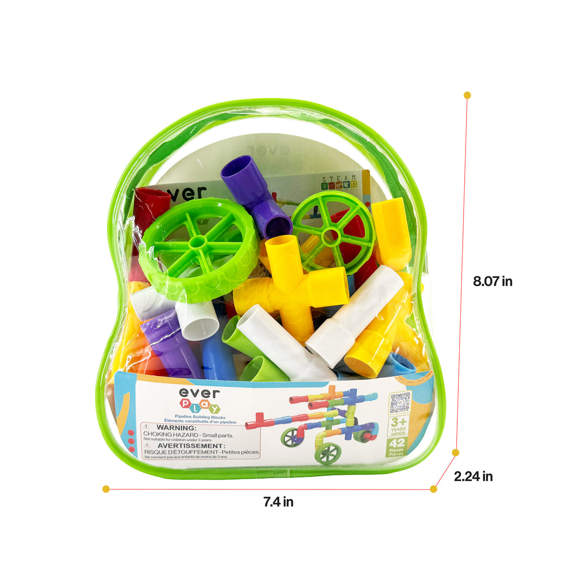 EverPlay 42-piece pipe tube building set in clear travel bag with dimensions (8.07 in x 7.4 in x 2.24 in).