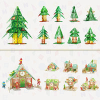 Holiday-themed magnetic tile building ideas featuring Christmas trees, festive houses, and mini figures.   
