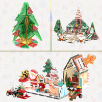 Christmas-themed magnetic tile builds including a green tree, festive village house, and Santa holiday scene.   