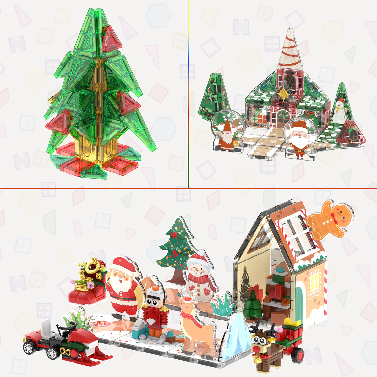 Christmas-themed magnetic tile builds including a green tree, festive village house, and Santa holiday scene.   