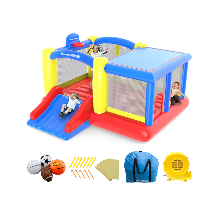 Colorful PicassoTiles inflatable bounce house with slide and accessories for outdoor magnetic tile play