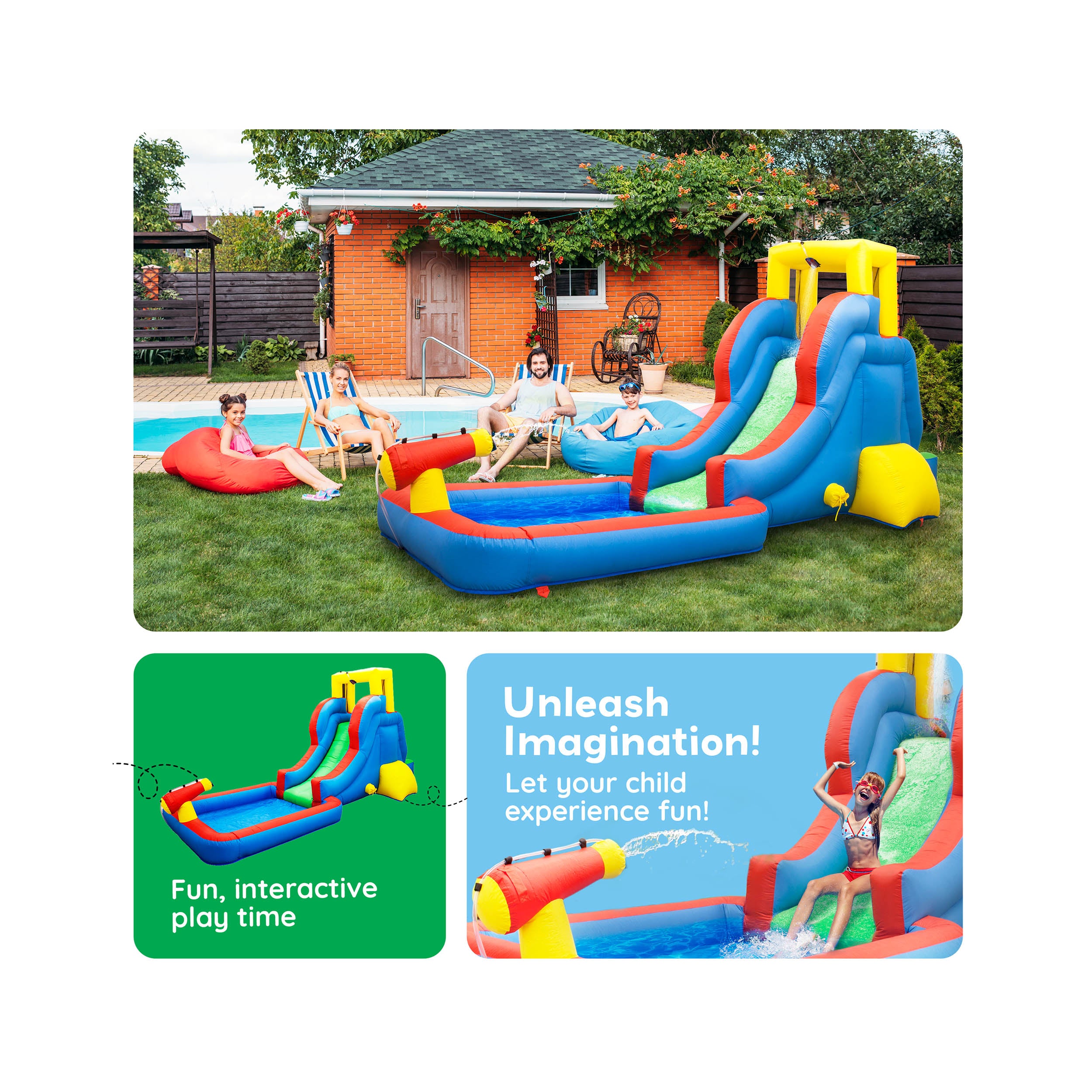 PicassoTiles Inflatable Water Slide Bounce House w/ Pool Area