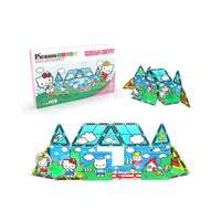 PicassoTiles Hello Kitty magnetic building tile set product box and assembled colorful castle structures with characters.