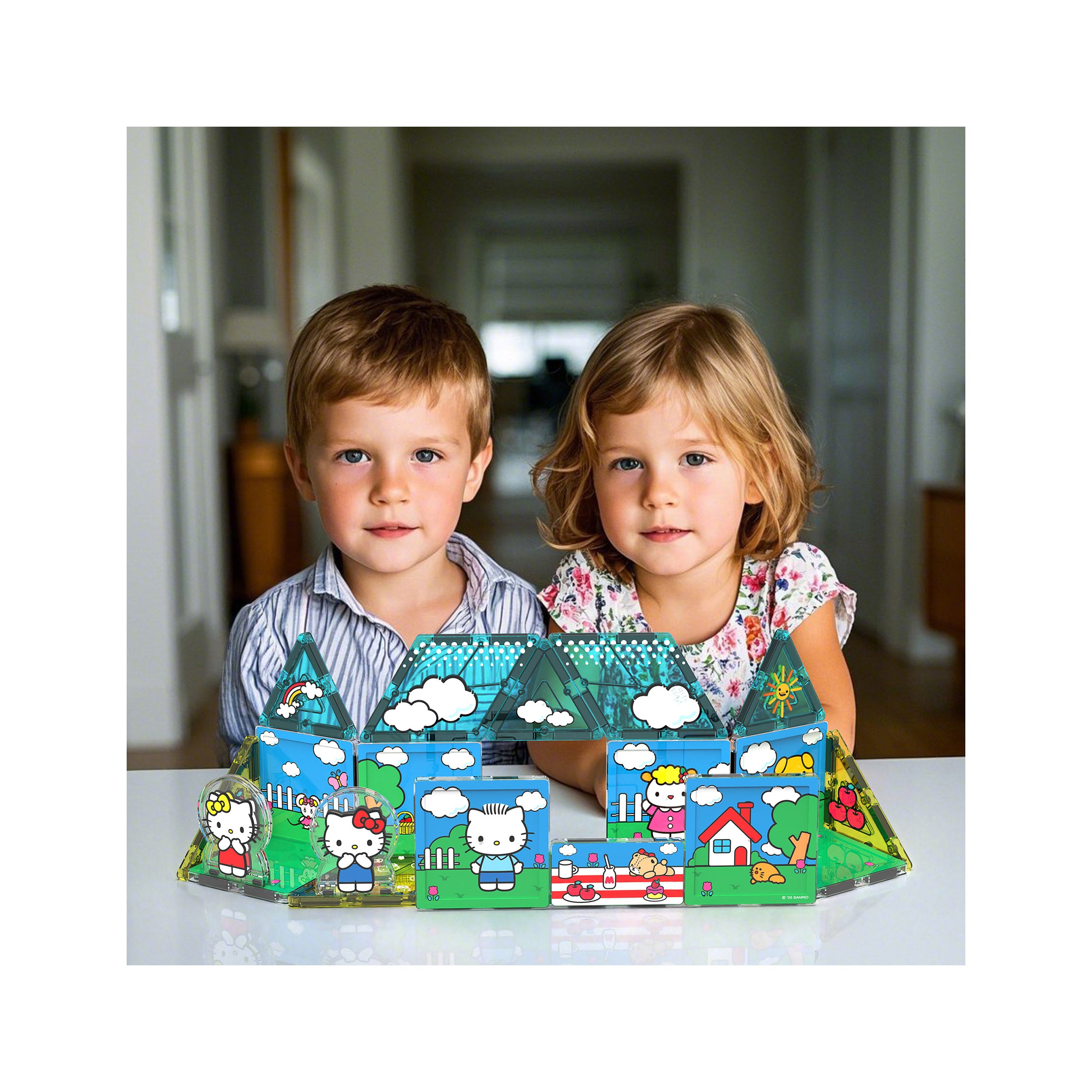 Infographic of a young boy and girl sitting behind an assembled Hello Kitty PicassoTiles structure featuring characters.