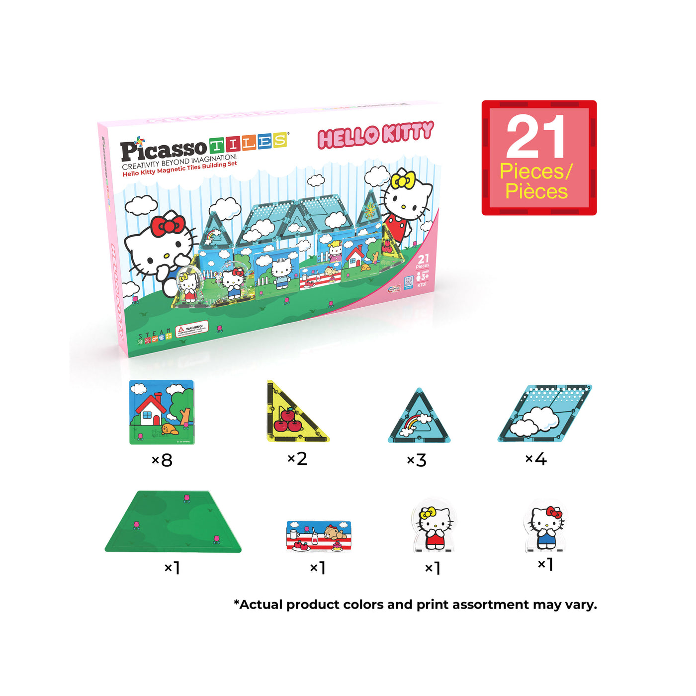 Component list infographic for a 21-piece Hello Kitty PicassoTiles set, detailing individual shapes, figures, and counts.