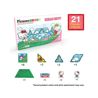 Component list infographic for a 21-piece Hello Kitty PicassoTiles set, detailing individual shapes, figures, and counts.