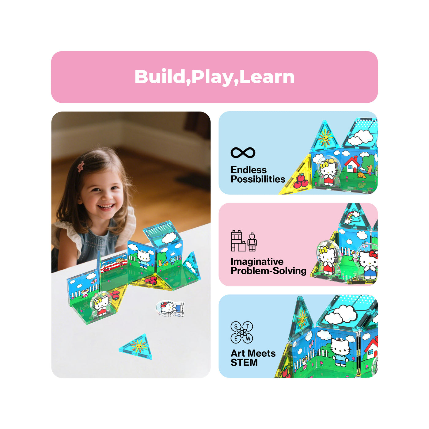 "Build, Play, Learn" infographic of a smiling girl playing with a Hello Kitty PicassoTiles set, highlighting STEM benefits.