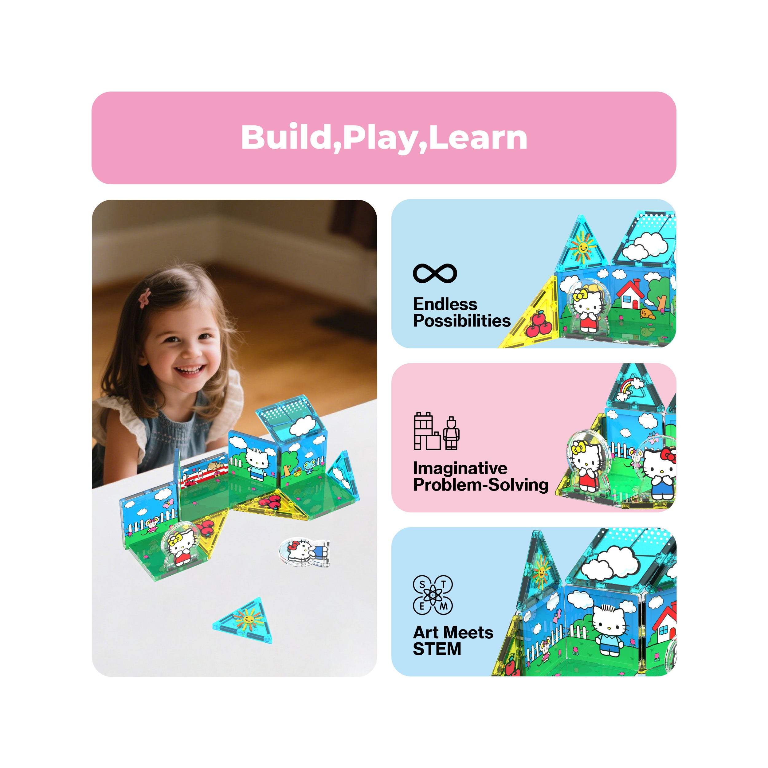 "Build, Play, Learn" infographic of a smiling girl playing with a Hello Kitty PicassoTiles set, highlighting STEM benefits.