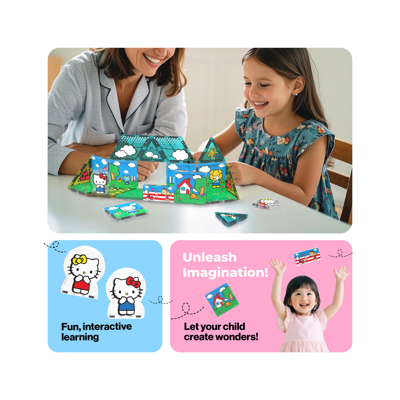 "Unleash Imagination" infographic showing a mother and girl building a Hello Kitty PicassoTiles set with interactive learning.