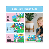 "Safe Play, Happy Kids" infographic for a Hello Kitty set, detailing BPA-free plastic, round corners, and strong magnets.