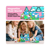 "Magnetize Their World!" infographic showing three girls playing with a Hello Kitty PicassoTiles magnetic construction set.