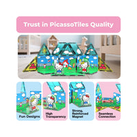 "Trust in PicassoTiles Quality" infographic for a Hello Kitty set, highlighting transparent tiles and strong magnets.