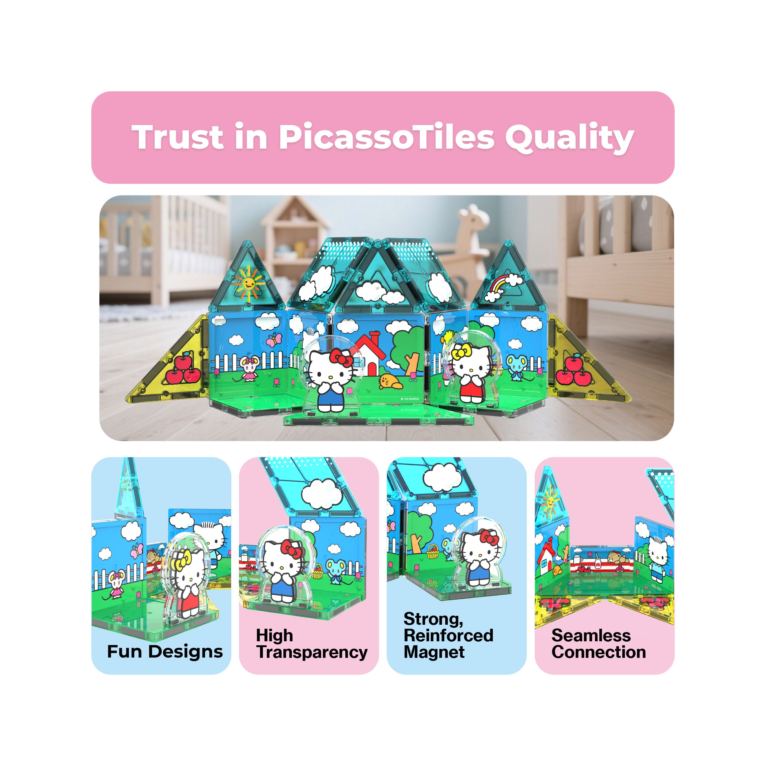 "Trust in PicassoTiles Quality" infographic for a Hello Kitty set, highlighting transparent tiles and strong magnets.