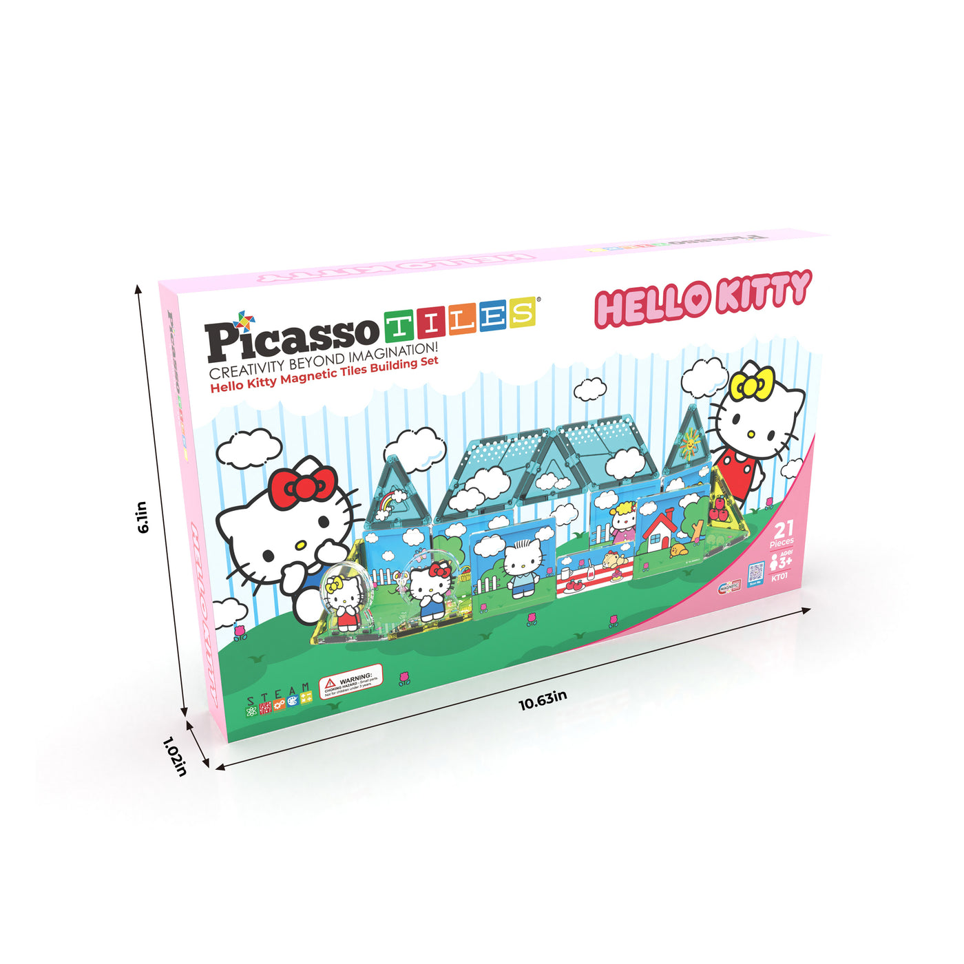 PicassoTiles 21-piece Hello Kitty magnetic building tile set product box displaying structural dimensions and features.