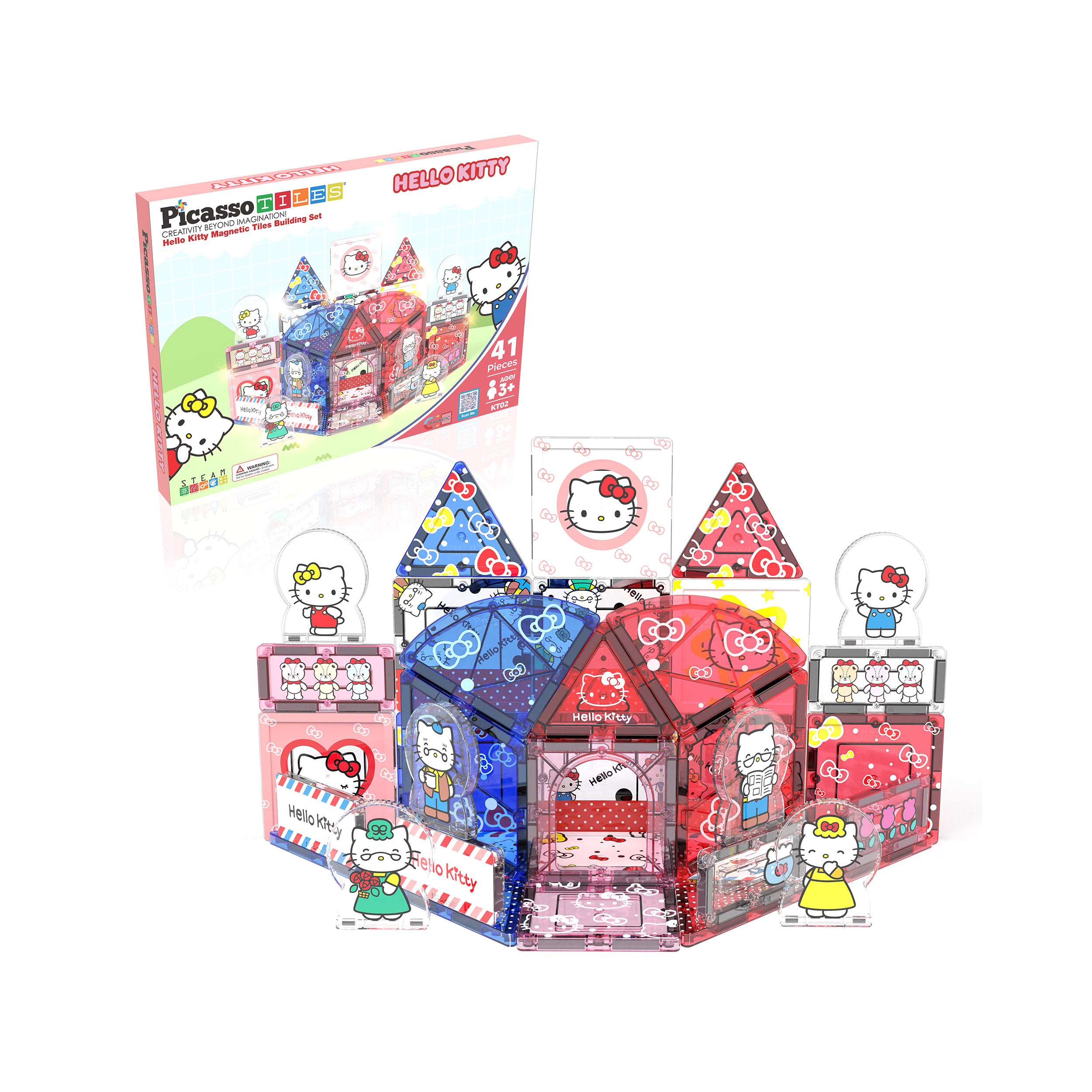 Infographic displaying an assembled Hello Kitty magnetic tile house set and its product box with character figures.