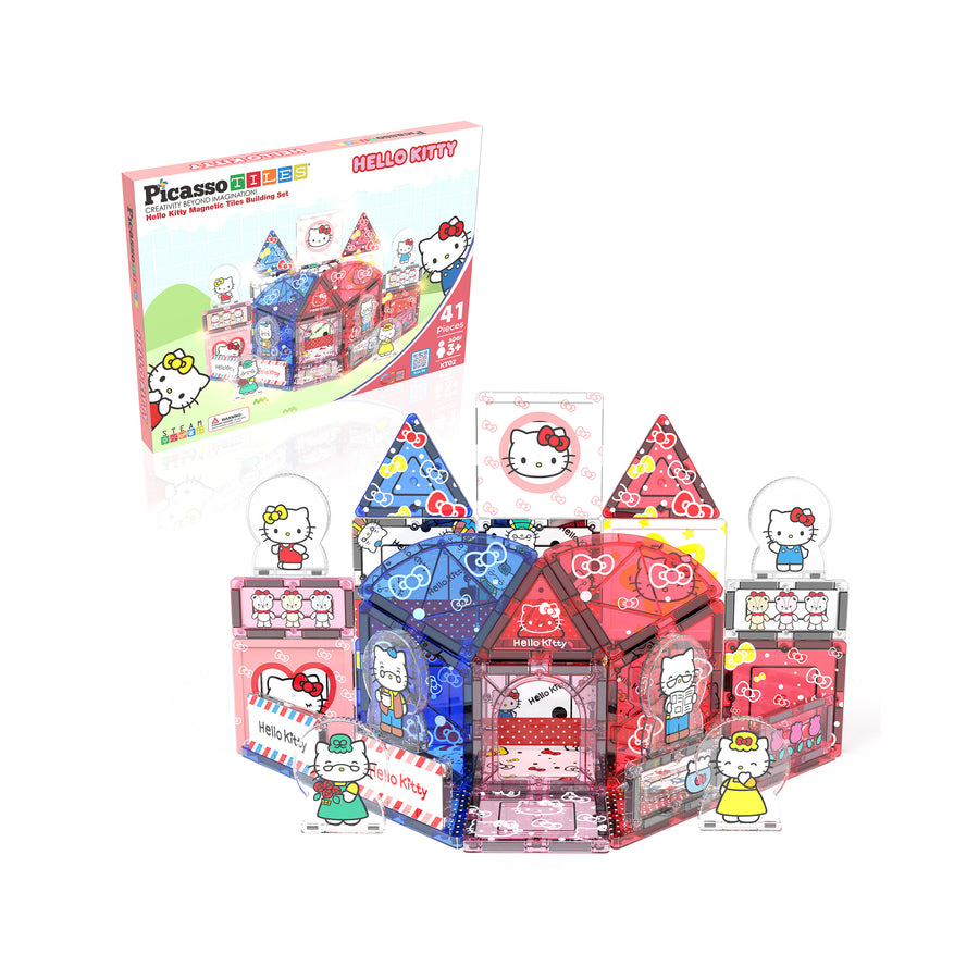 Infographic displaying an assembled Hello Kitty magnetic tile house set and its product box with character figures.