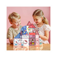 Infographic of a boy and girl playing together with a built Hello Kitty magnetic tile house set on a wooden table.