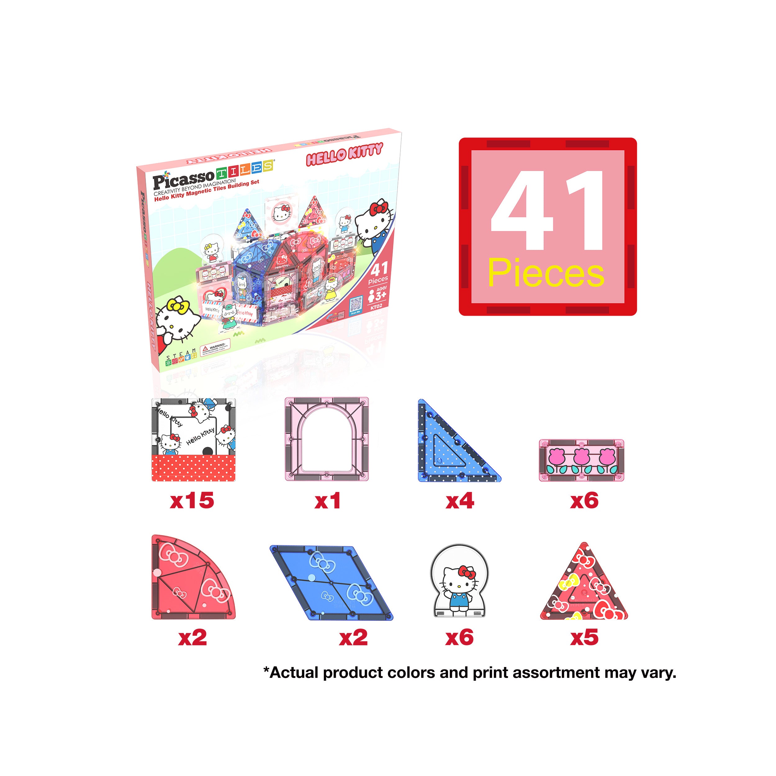PicassoTiles Hello Kitty 41-piece infographic showing product box and illustrated breakdown of individual parts.