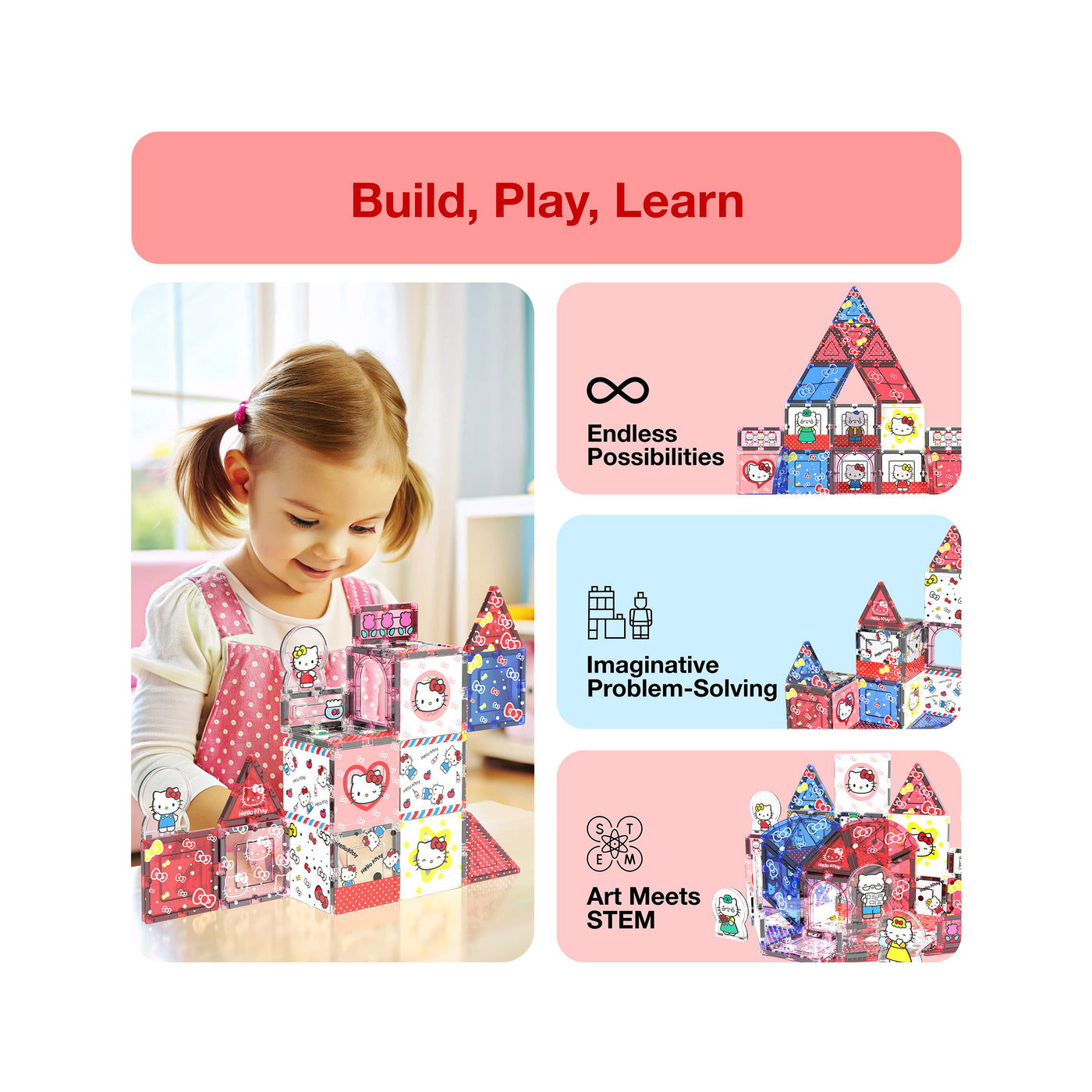 PicassoTiles Hello Kitty infographic of a girl building a house, promoting STEM and imaginative problem-solving.