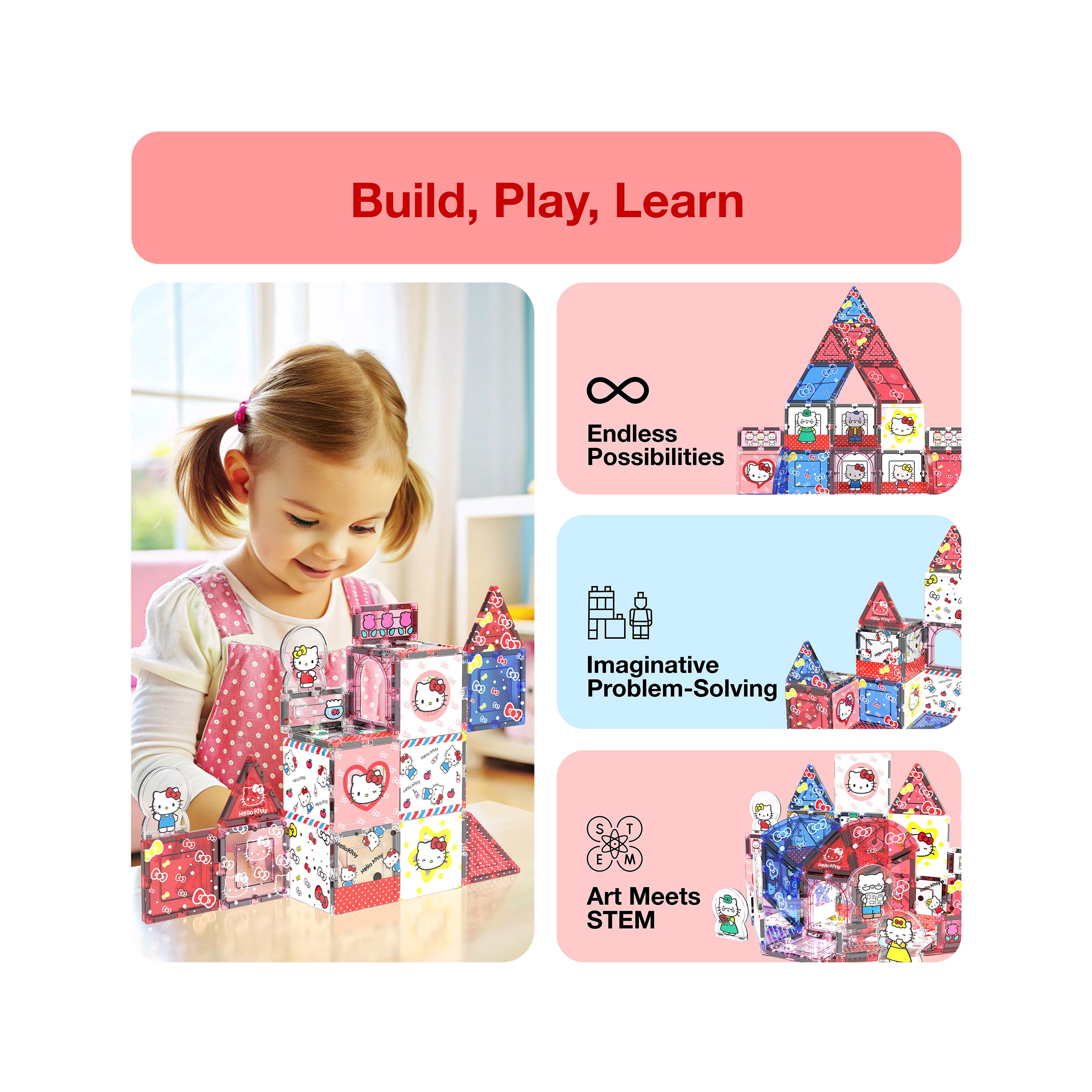 PicassoTiles Hello Kitty infographic of a girl building a house, promoting STEM and imaginative problem-solving.