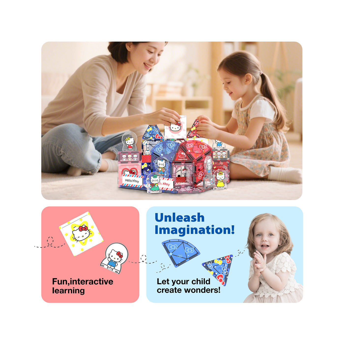 PicassoTiles Hello Kitty infographic with mother and daughter building, and a girl under "Unleash Imagination!"