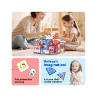 PicassoTiles Hello Kitty infographic with mother and daughter building, and a girl under "Unleash Imagination!"