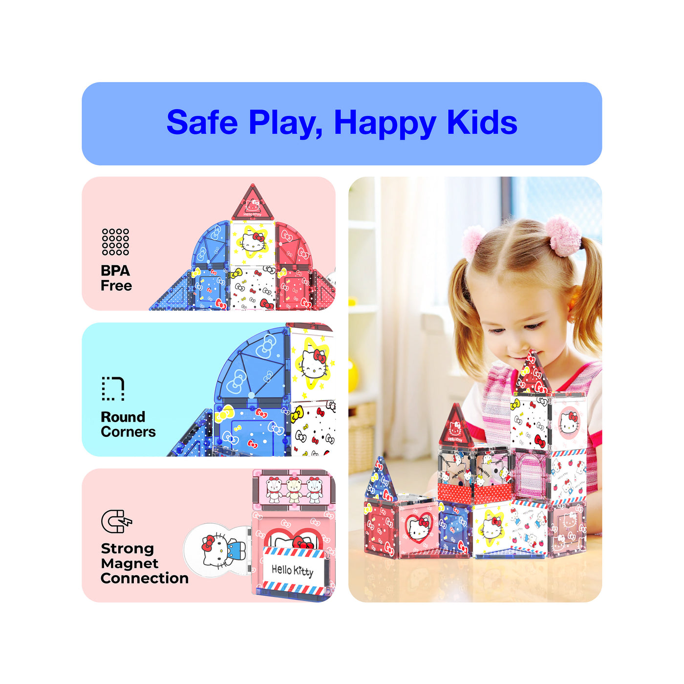 PicassoTiles Hello Kitty "Safe Play, Happy Kids" infographic highlighting BPA-free, round corners, and strong magnets.