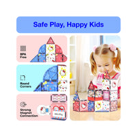 PicassoTiles Hello Kitty "Safe Play, Happy Kids" infographic highlighting BPA-free, round corners, and strong magnets.