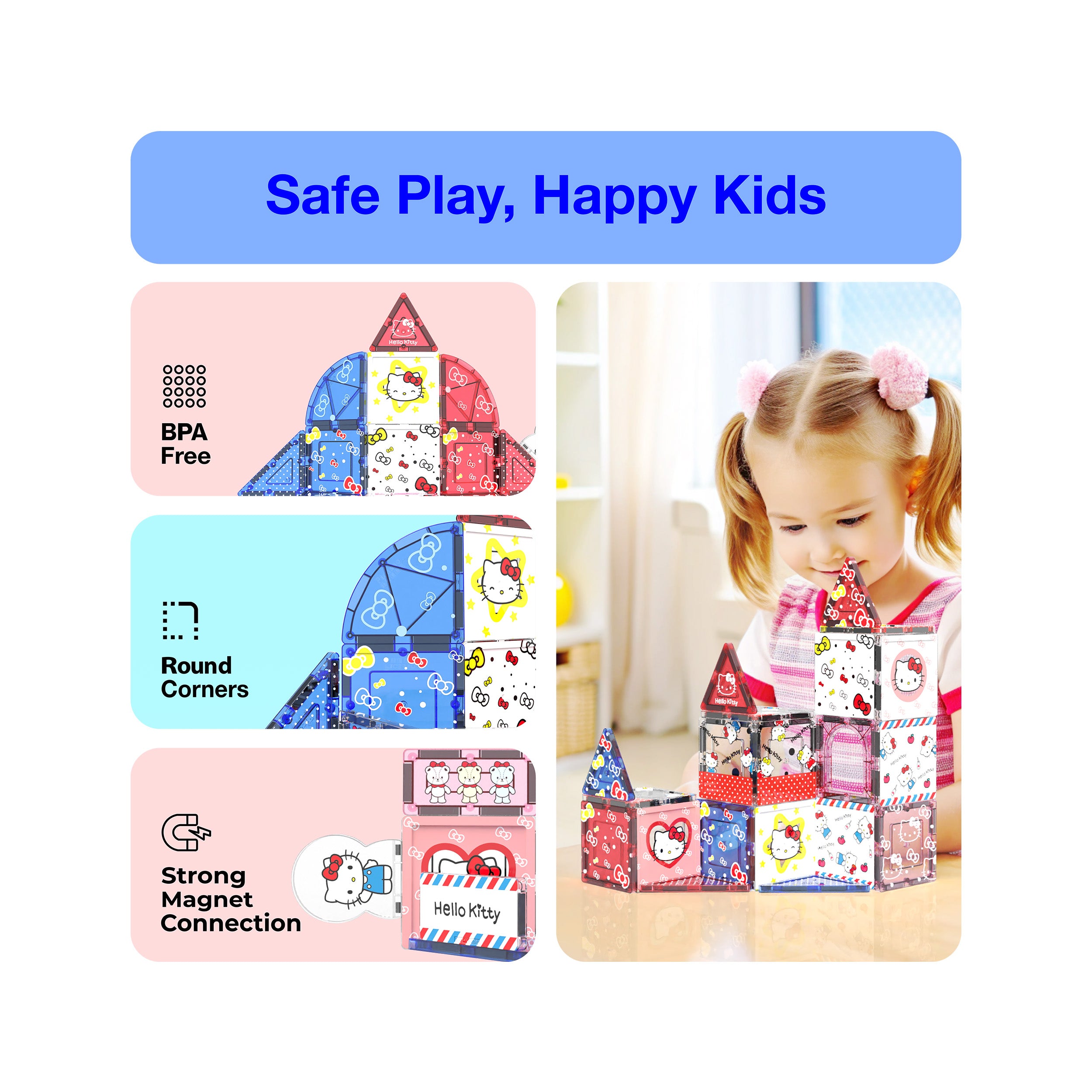 PicassoTiles Hello Kitty "Safe Play, Happy Kids" infographic highlighting BPA-free, round corners, and strong magnets.