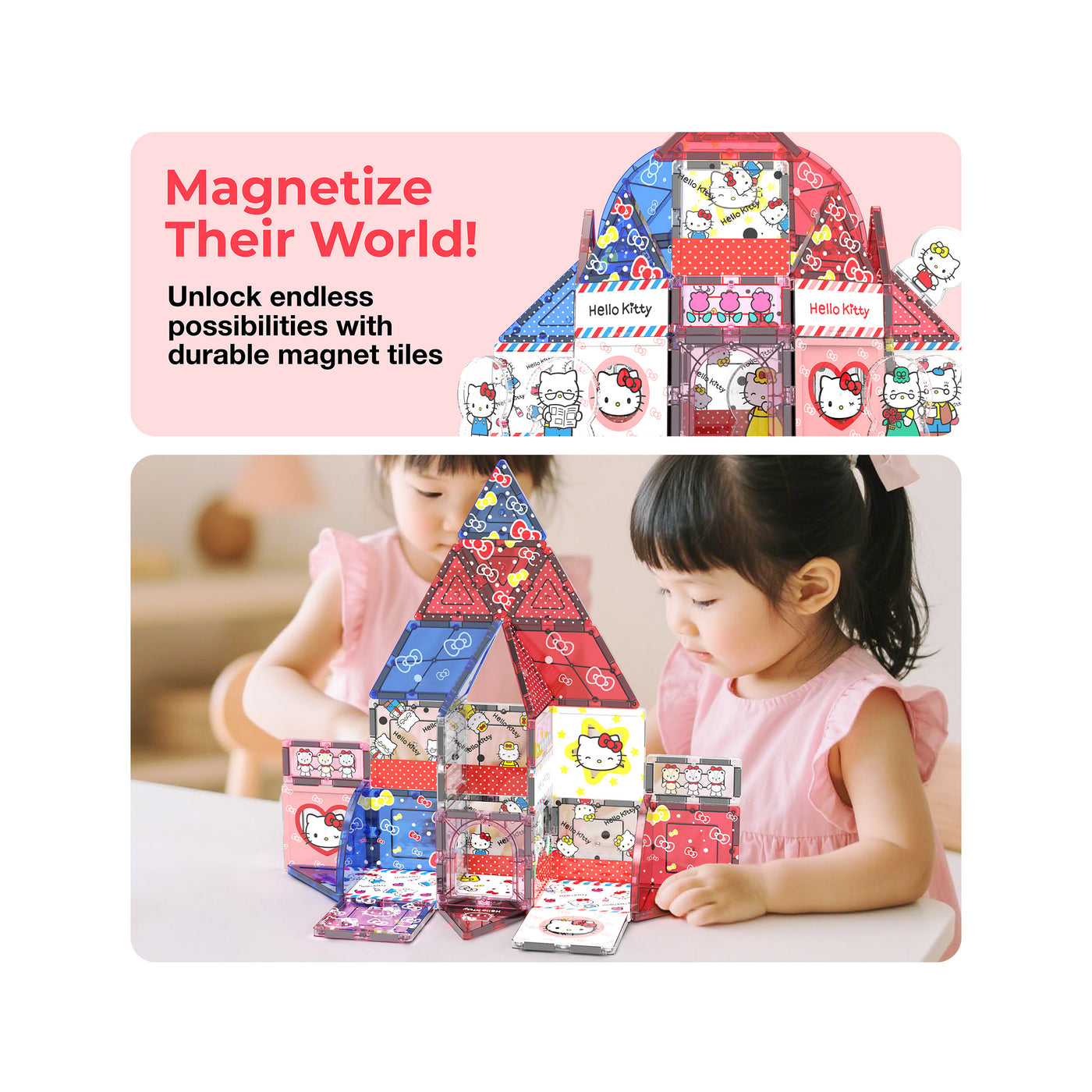 PicassoTiles Hello Kitty infographic of girls playing with magnetic tiles under a pink "Magnetize Their World!" banner.