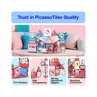 PicassoTiles Hello Kitty quality infographic highlighting fun designs, transparency, magnets, and seamless connection.