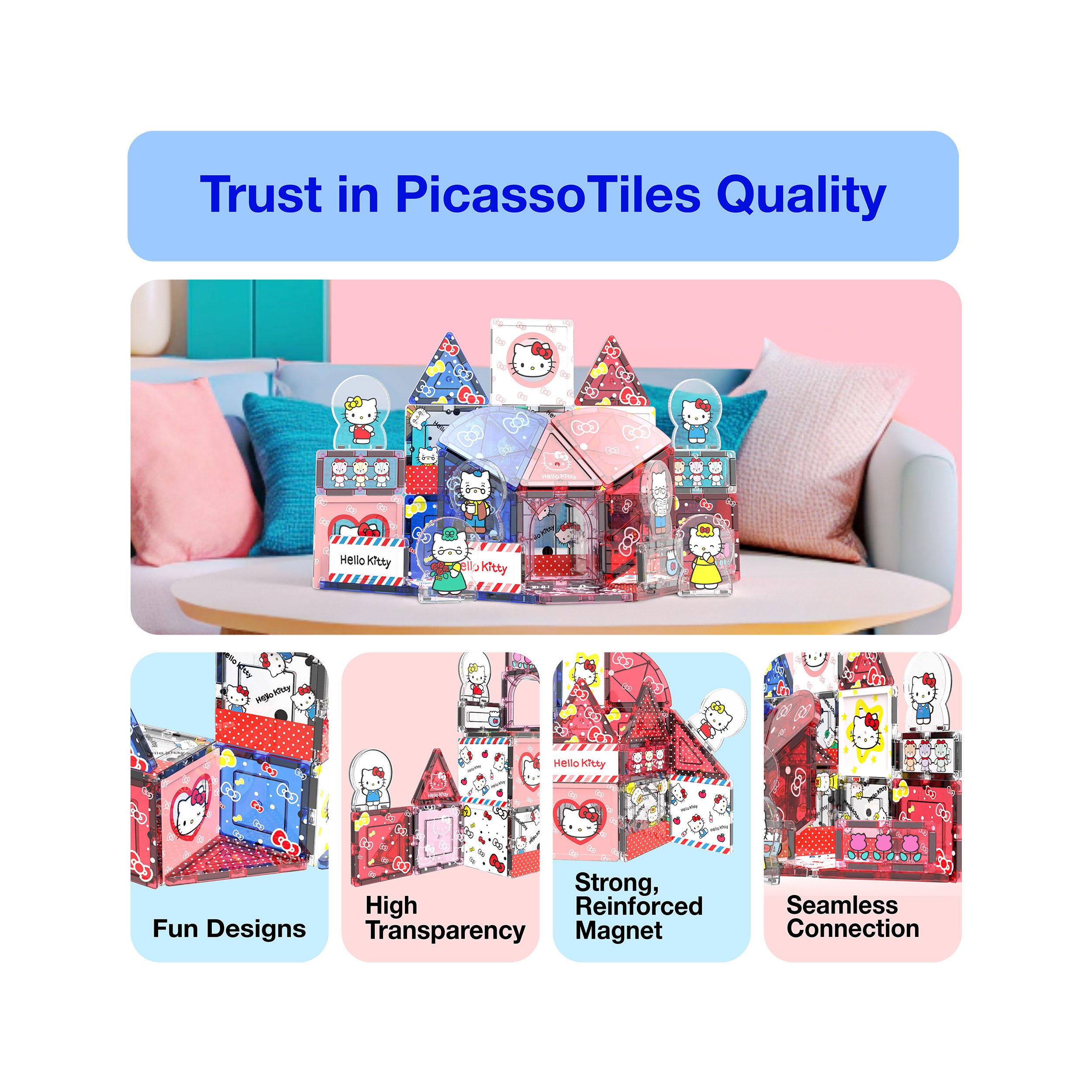 PicassoTiles Hello Kitty quality infographic highlighting fun designs, transparency, magnets, and seamless connection.