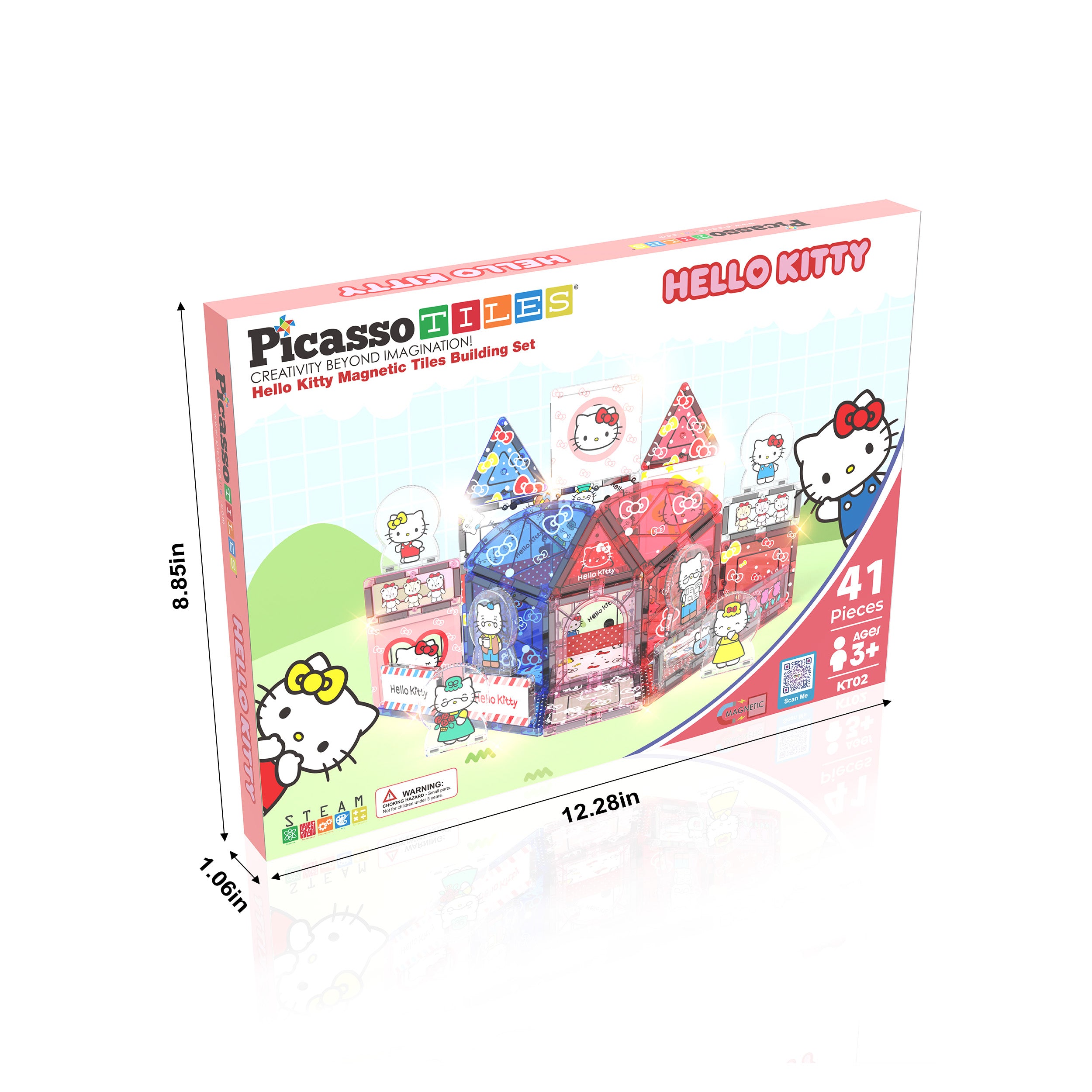PicassoTiles Hello Kitty quality infographic highlighting fun designs, transparency, magnets, and seamless connection.