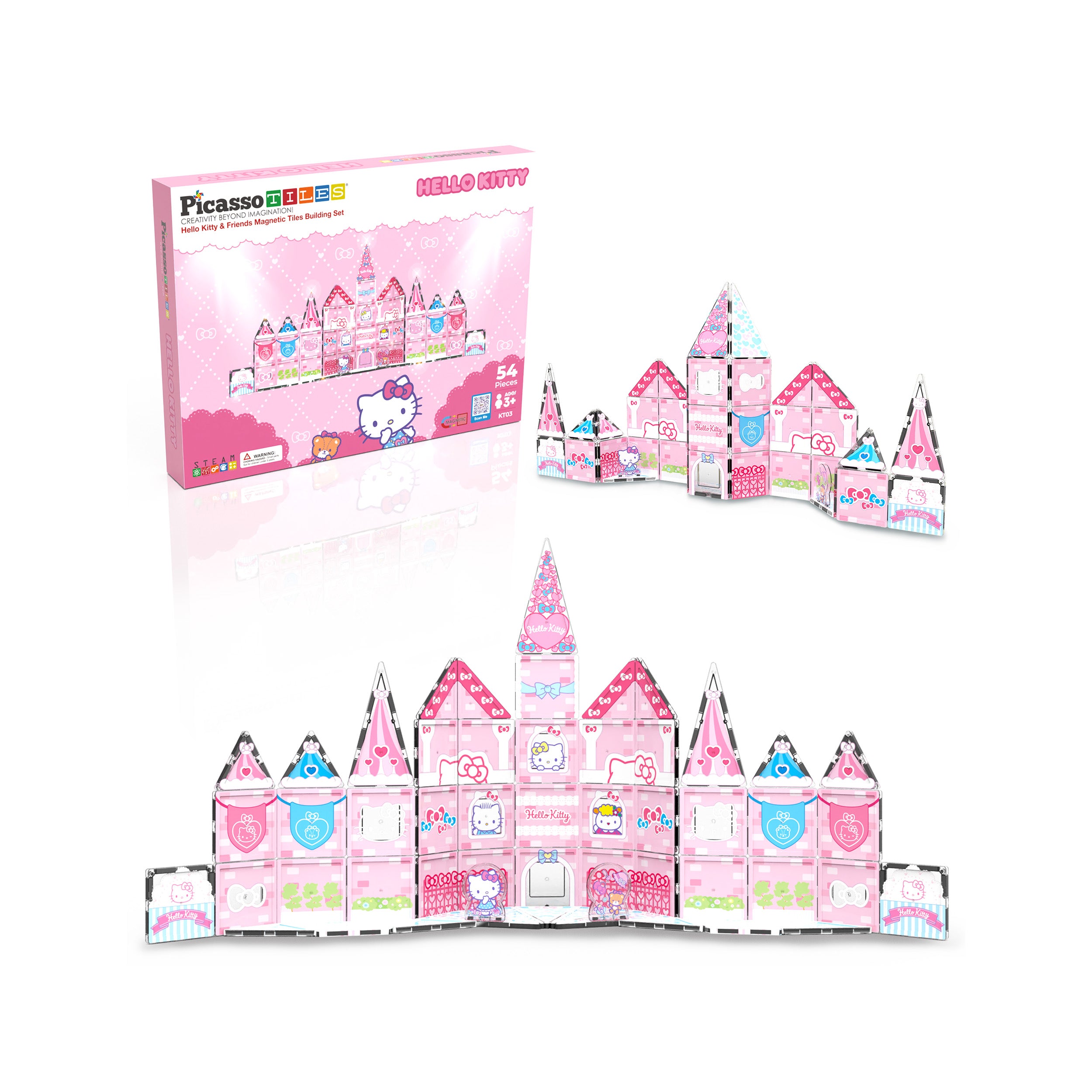 PicassoTiles Hello Kitty 54-piece infographic showing product box and built castle structures.