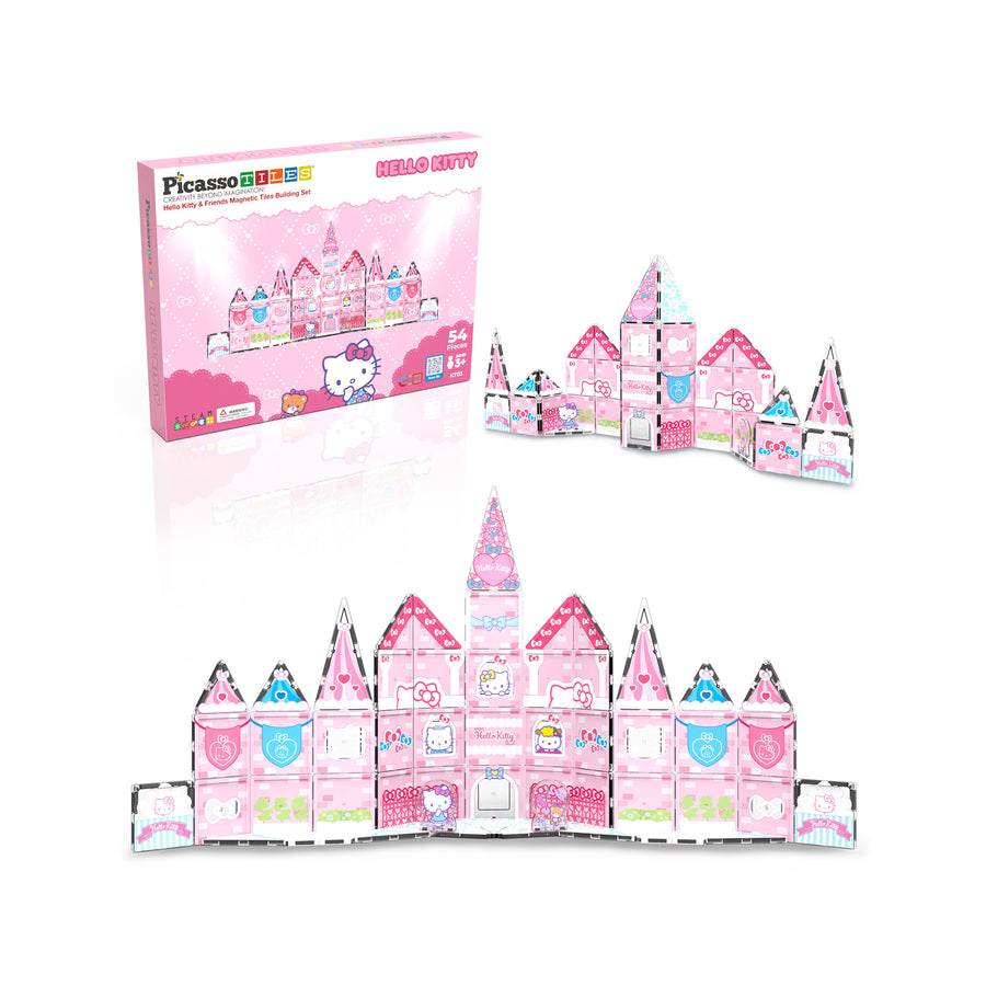 PicassoTiles Hello Kitty 54-piece infographic showing product box and built castle structures.