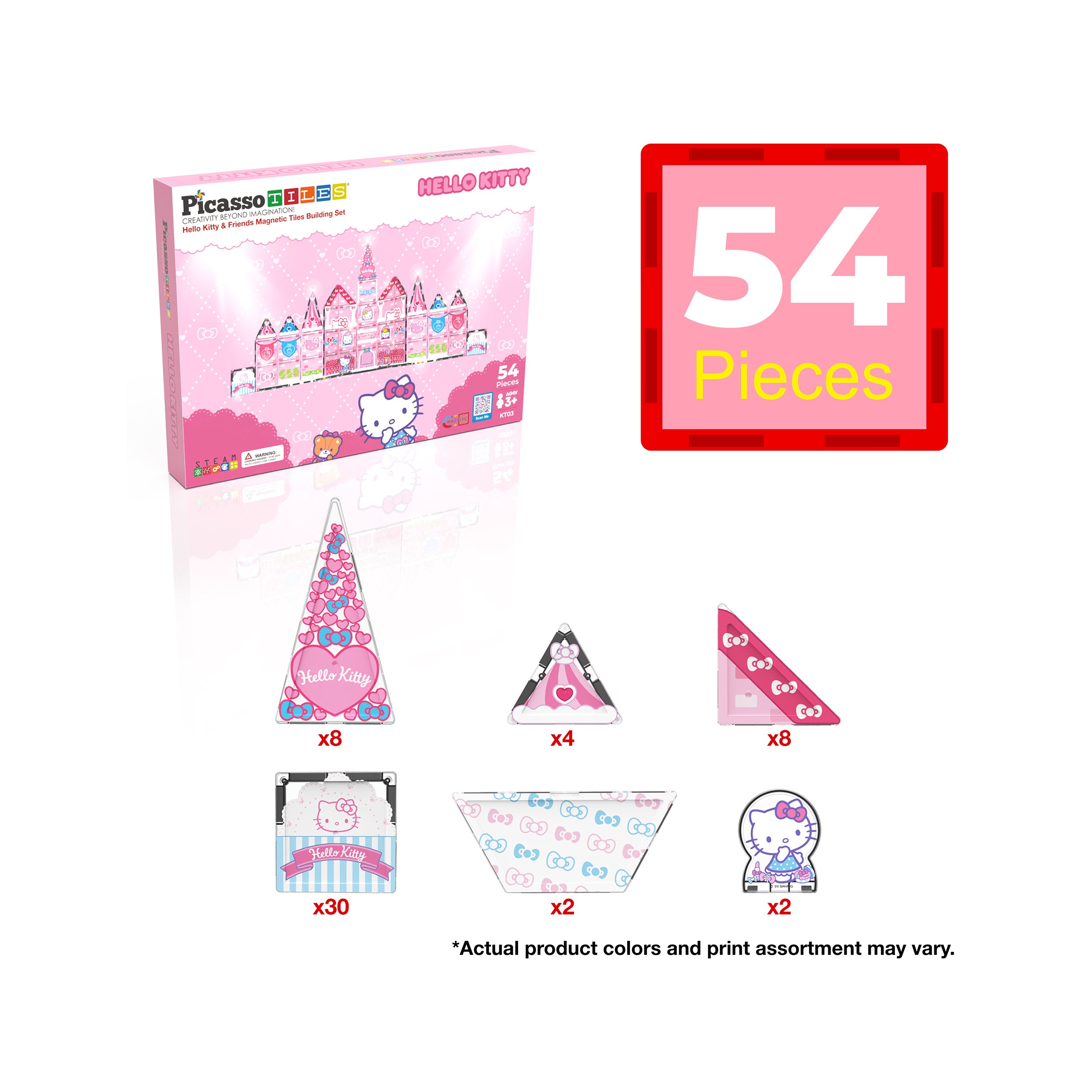 PicassoTiles Hello Kitty 54-piece infographic showing product box and illustrated breakdown of individual parts.