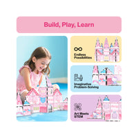 PicassoTiles Hello Kitty infographic of a girl building a pink castle, promoting STEM and imaginative problem-solving.