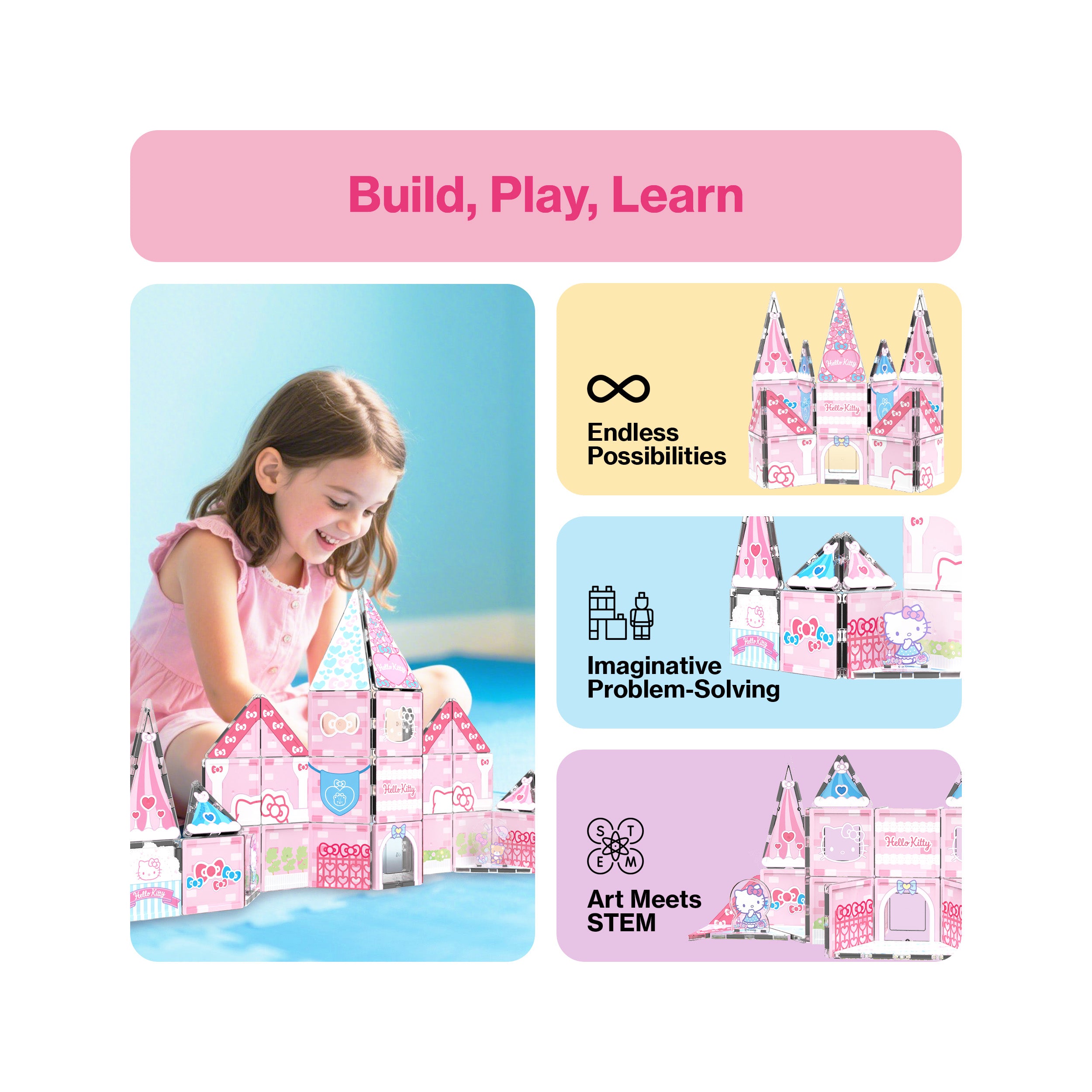 PicassoTiles Hello Kitty infographic of a girl building a pink castle, promoting STEM and imaginative problem-solving.
