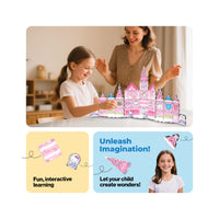 PicassoTiles Hello Kitty infographic with mother and daughter building, and a girl under "Unleash Imagination!"