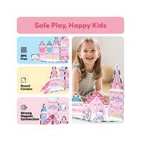 PicassoTiles Hello Kitty "Safe Play, Happy Kids" infographic highlighting BPA-free, round corners, and strong magnets.