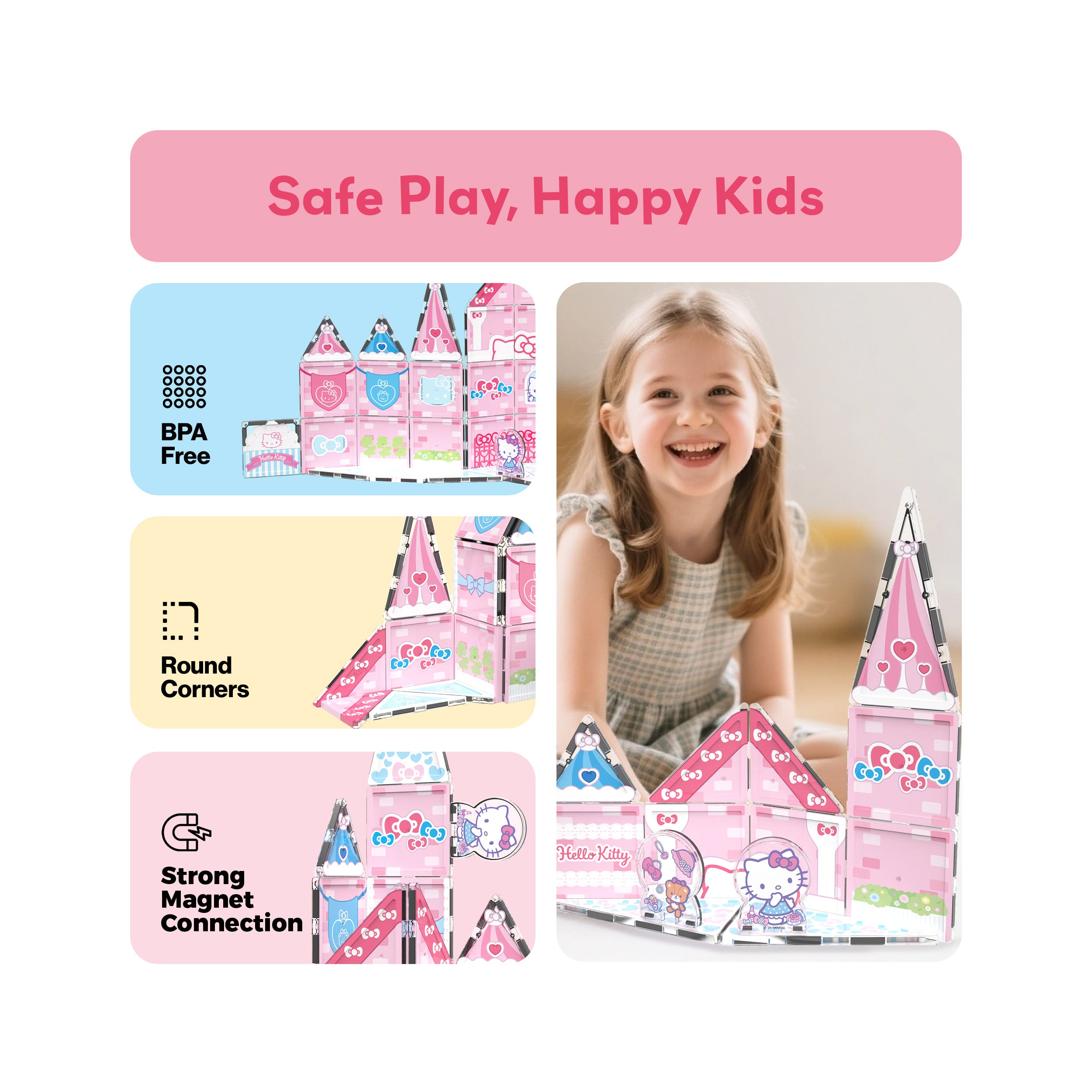 PicassoTiles Hello Kitty "Safe Play, Happy Kids" infographic highlighting BPA-free, round corners, and strong magnets.