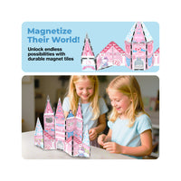 Two girls building a pink Hello Kitty magnetic castle under a blue banner reading "Magnetize Their World!".