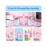 Hello Kitty castle quality infographic highlighting fun designs, transparency, strong magnets, and seamless connections.
